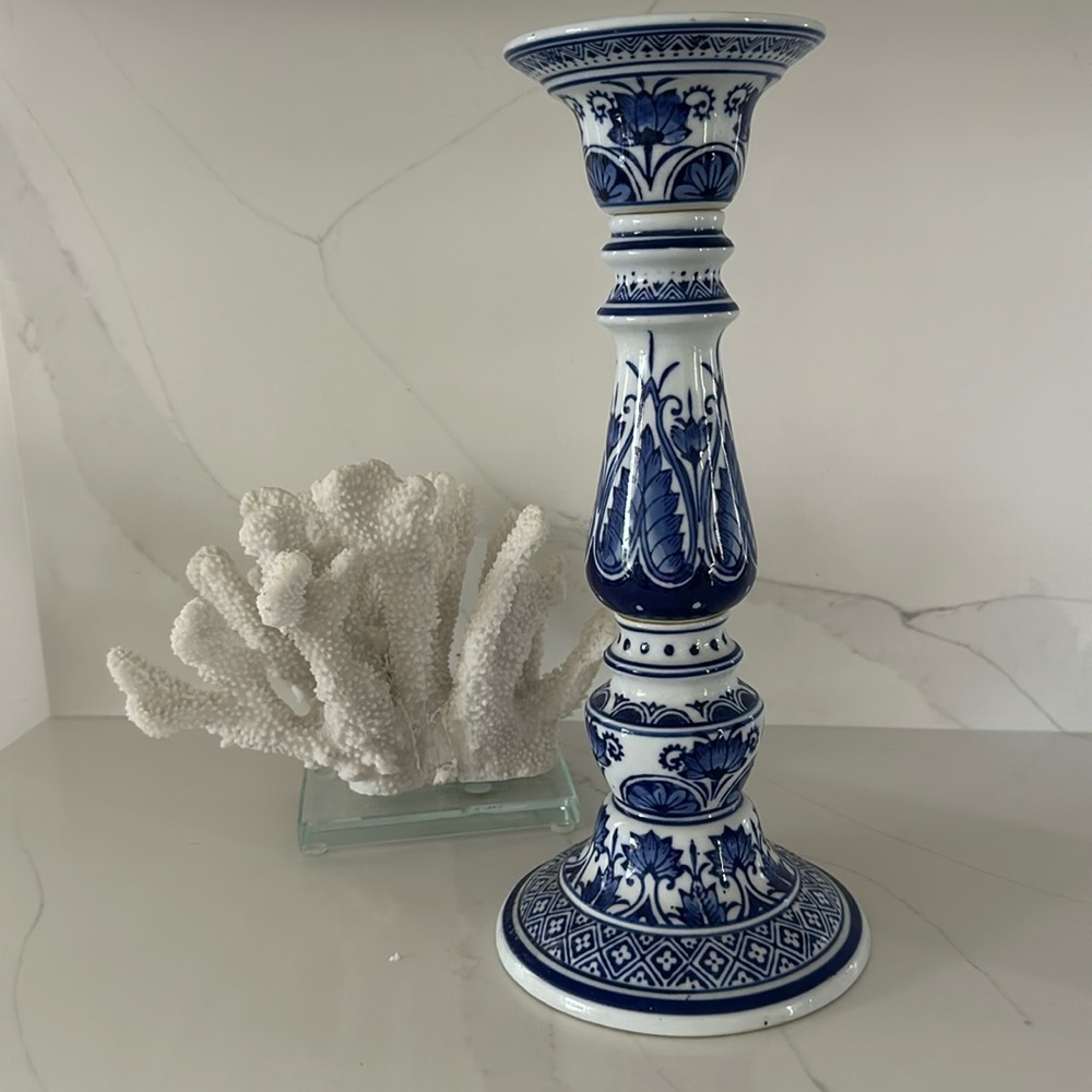 Chinese traditional blue and white candle stick. 14 1/4 inches.